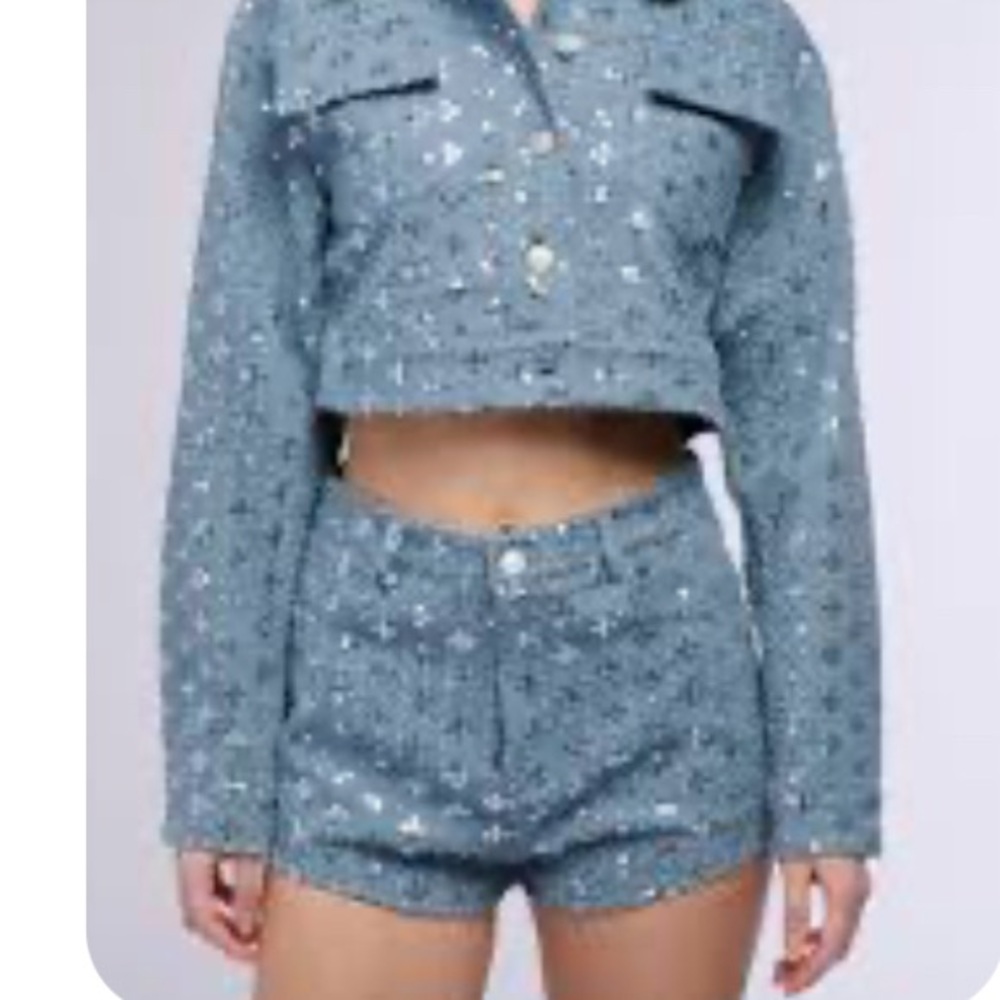 AKIRA Blue Sequin Cropped Blazer